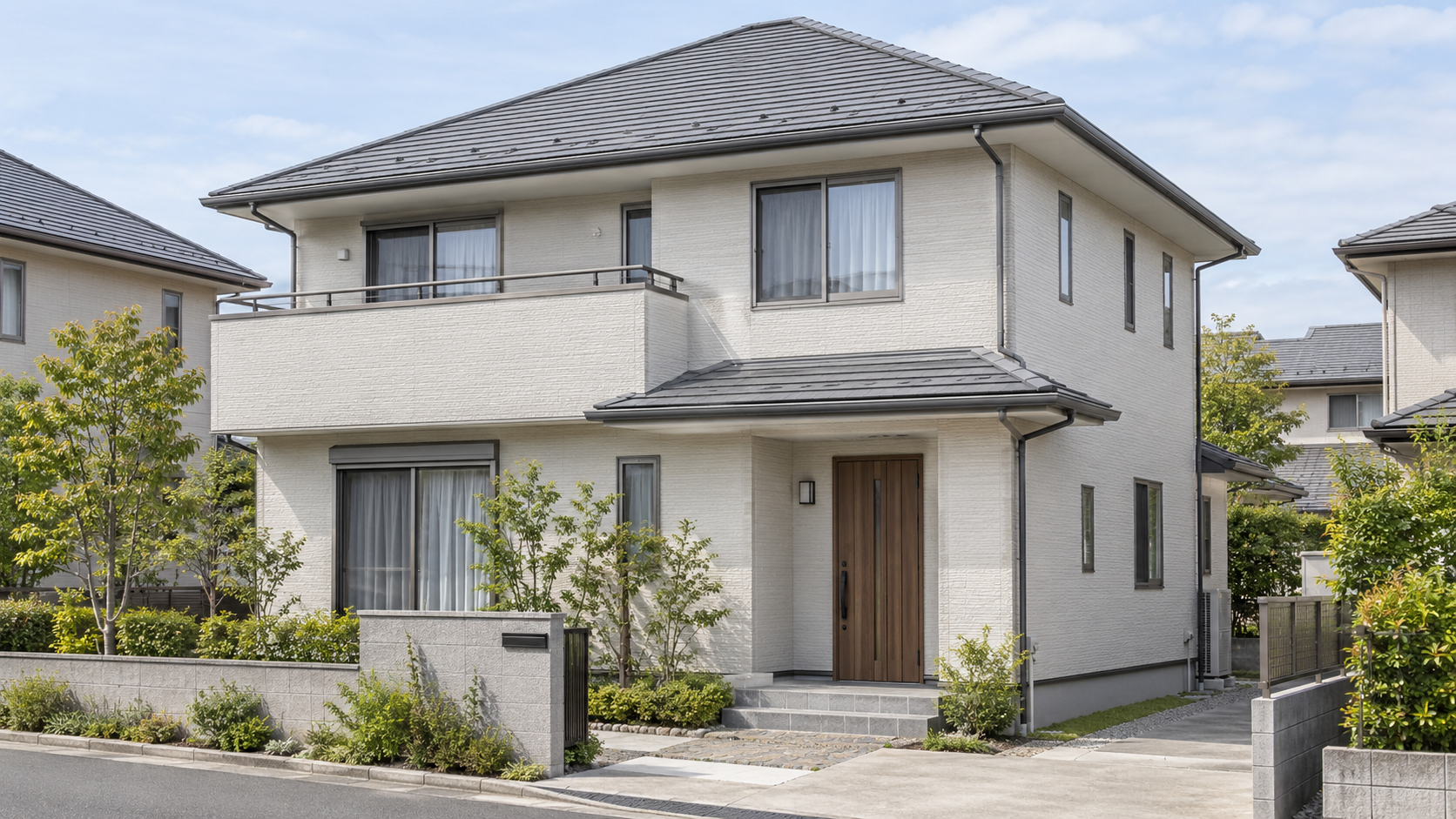 グレー系の屋根と明るい外壁を組み合わせた住宅の外観イメージ