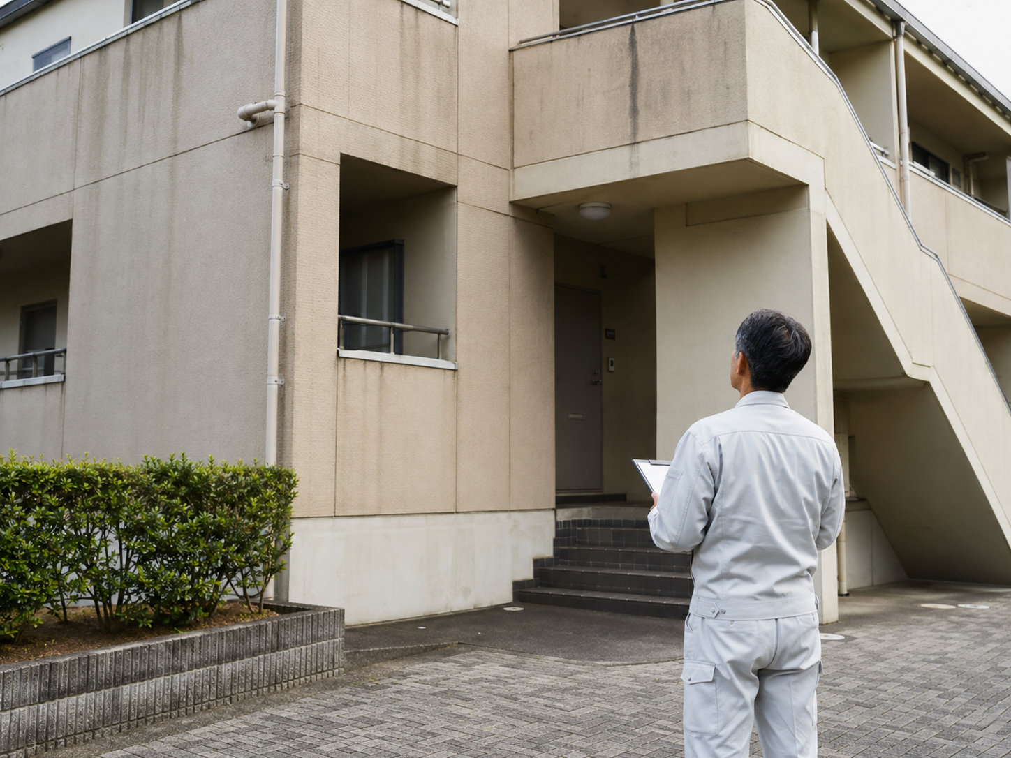 アパート外壁塗装前に建物まわりを確認している様子
